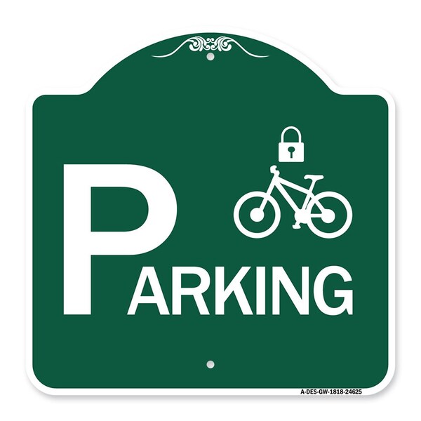 Signmission Parking With Cycle and Lock, Green & White Aluminum Architectural Sign, 18" x 18", GW-1818-24625 A-DES-GW-1818-24625 - main